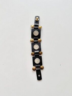 BRAVE CANADA Black Leather Brass Copper Embellished Medallion Cuff Bracelet